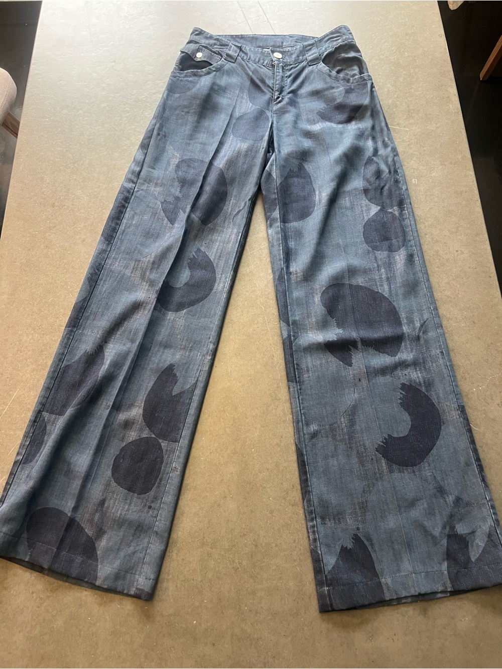 Wide Leg Patterned Denim Pants in Dark Blue